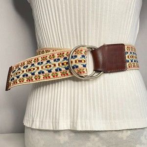 Womens Reversible Belt Size Medium/Large Beige Suede Multicolor Embroidery Print